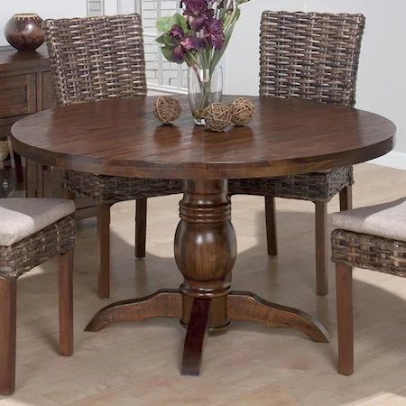 Rustic Hewn Pedestal Table with Turned Pedestal